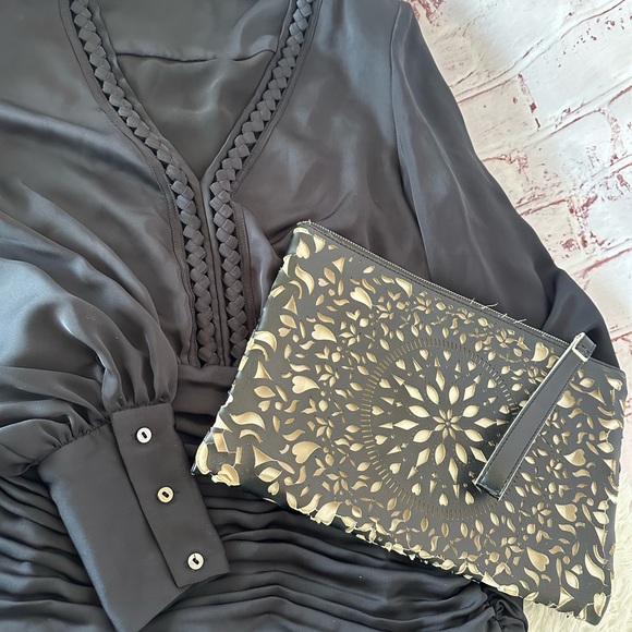 💥SOLD $25💥 RAMY BROOK Mini Dress M Black Ruched Feminine Sexy Goth Babydoll - Picture 7 of 11